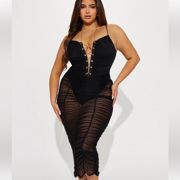 Fashion Nova Dresses & Skirts - Black Sheer Midi Dress with Lace-Up Front